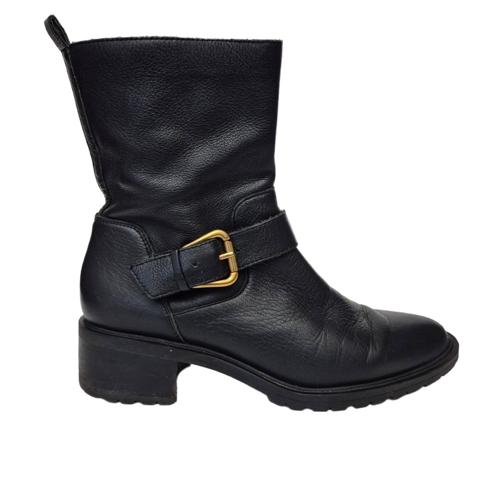 Sole Society Jorryn Buckle Moto Srapt Block Heel Zipper Boot Leather Black 6.5